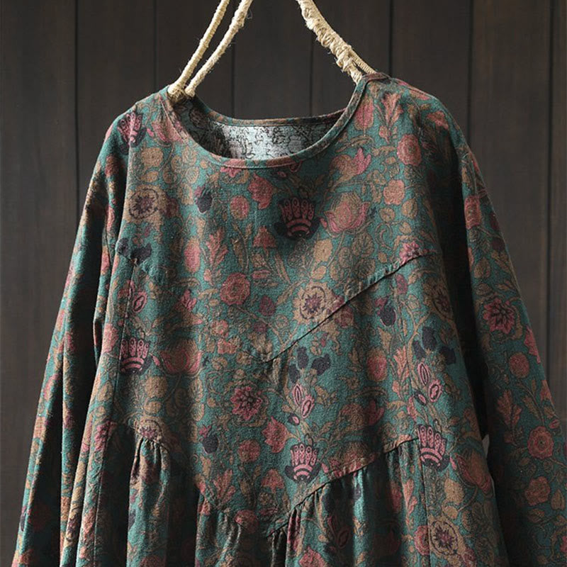 Nimara Ritual Retro Floral Pattern A-line Design Long Sleeve Women's Cotton Maxi Dress