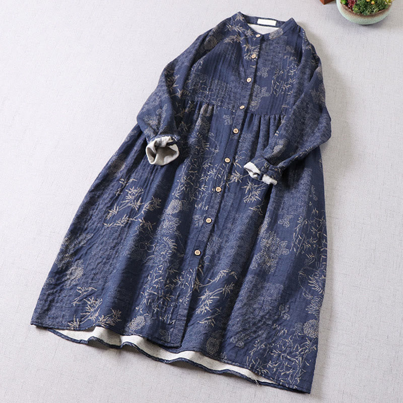 Nimara Ritual Commute Bamboo Floral Pattern Long Sleeve Buttons Women's Cotton Midi Dress With Pockets