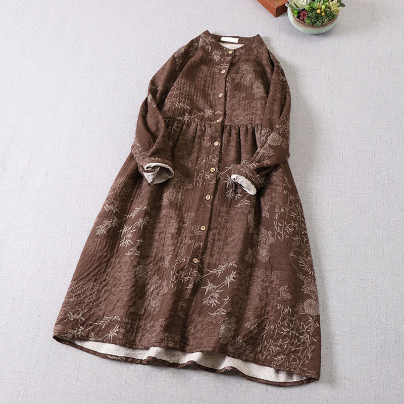 Nimara Ritual Commute Bamboo Floral Pattern Long Sleeve Buttons Women's Cotton Midi Dress With Pockets