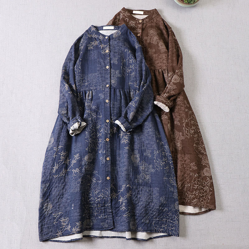 Nimara Ritual Commute Bamboo Floral Pattern Long Sleeve Buttons Women's Cotton Midi Dress With Pockets