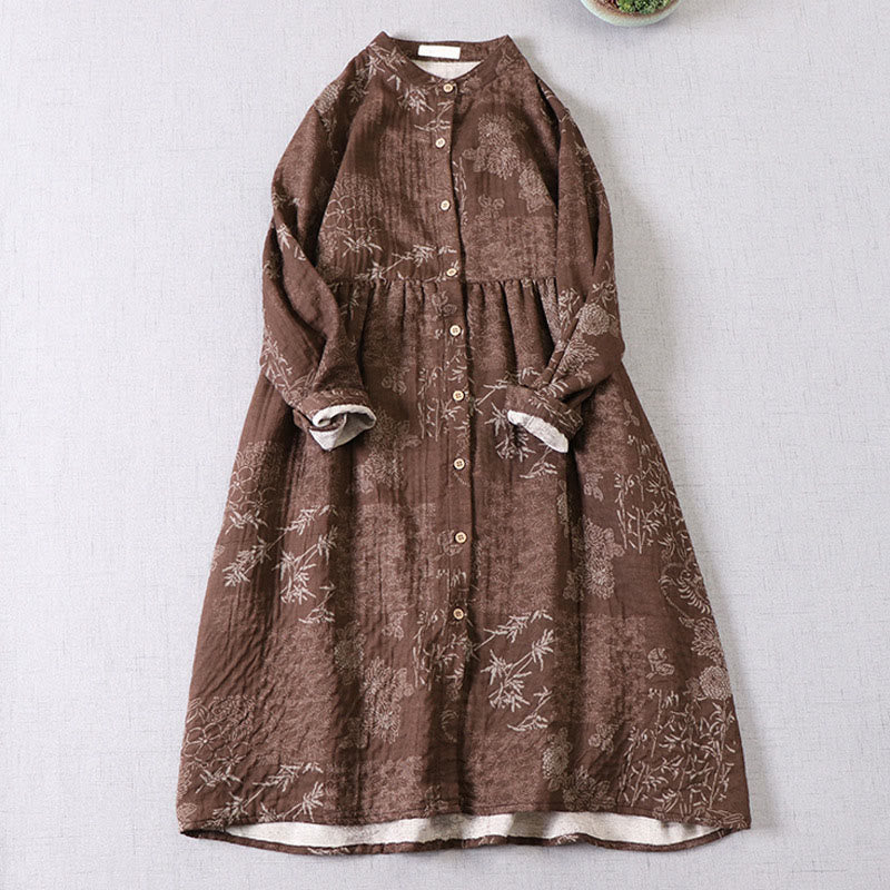 Nimara Ritual Commute Bamboo Floral Pattern Long Sleeve Buttons Women's Cotton Midi Dress With Pockets