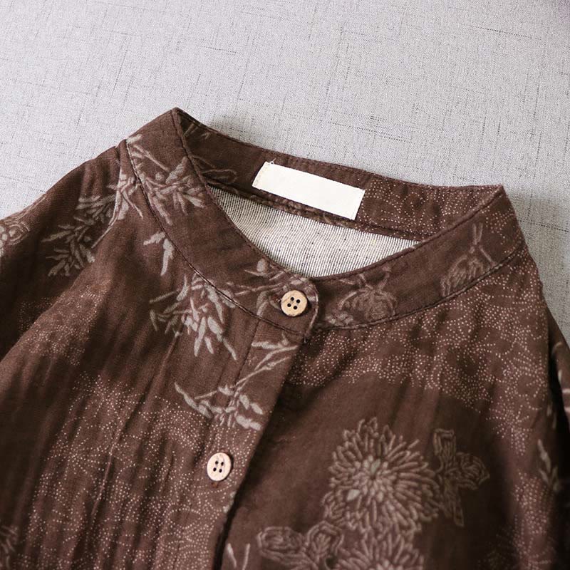Nimara Ritual Commute Bamboo Floral Pattern Long Sleeve Buttons Women's Cotton Midi Dress With Pockets