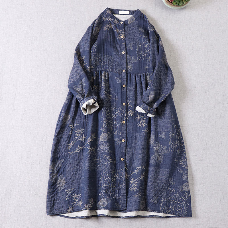 Nimara Ritual Commute Bamboo Floral Pattern Long Sleeve Buttons Women's Cotton Midi Dress With Pockets