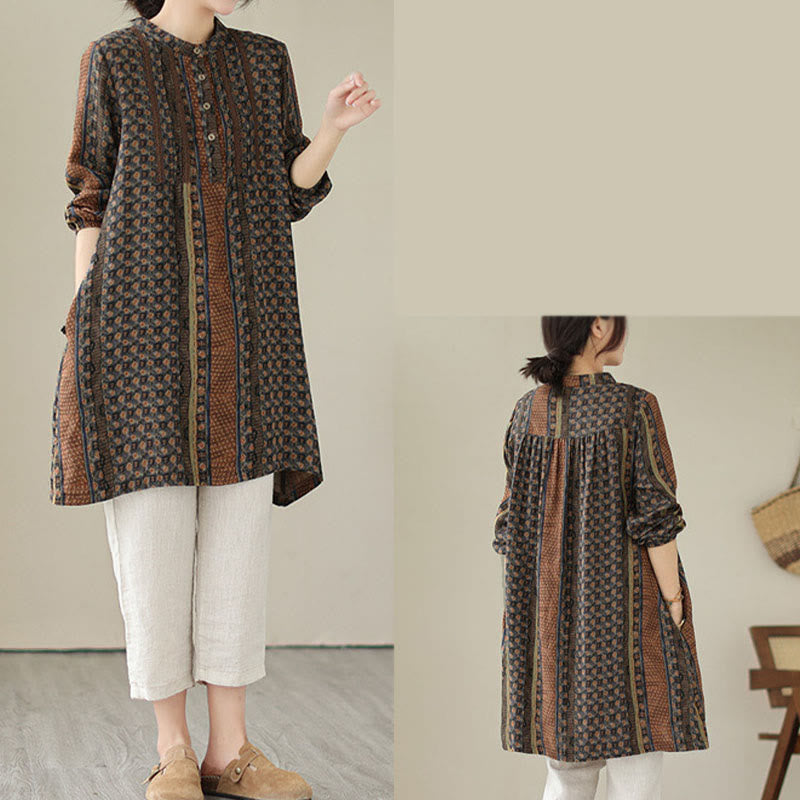 Nimara Ritual Retro Printed Floral Women's Accordion Pleats Design Long Sleeve Shirt With Pockets