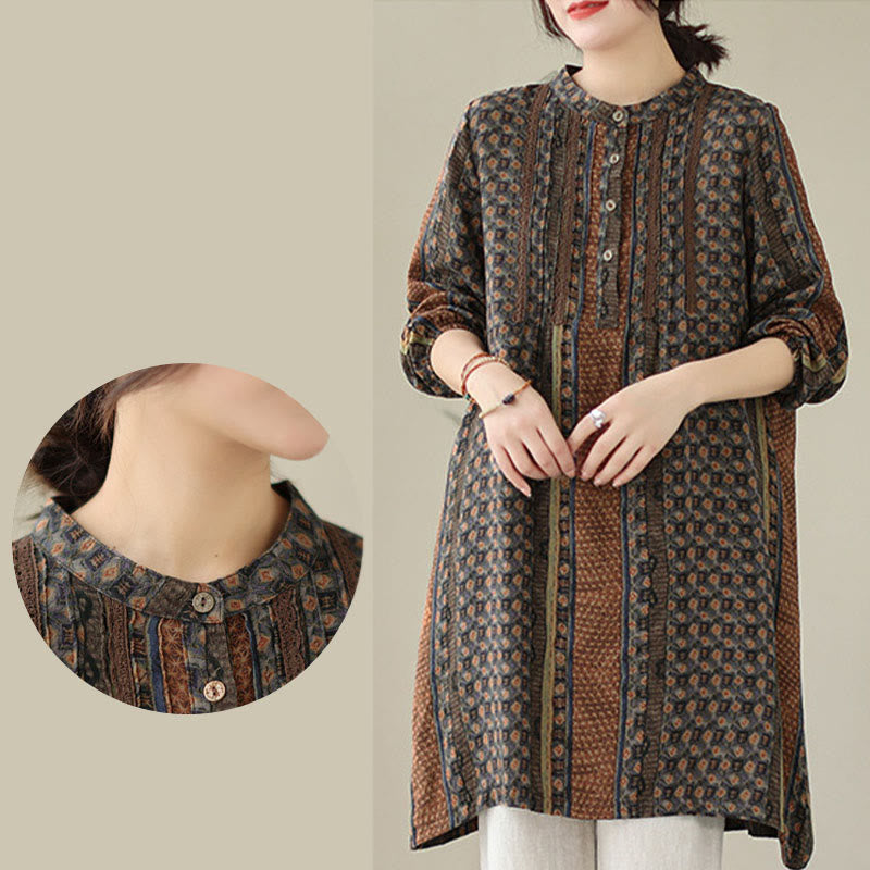 Nimara Ritual Retro Printed Floral Women's Accordion Pleats Design Long Sleeve Shirt With Pockets