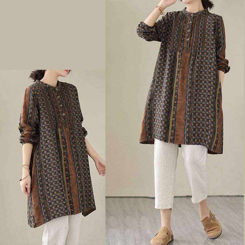 Nimara Ritual Retro Printed Floral Women's Accordion Pleats Design Long Sleeve Shirt With Pockets
