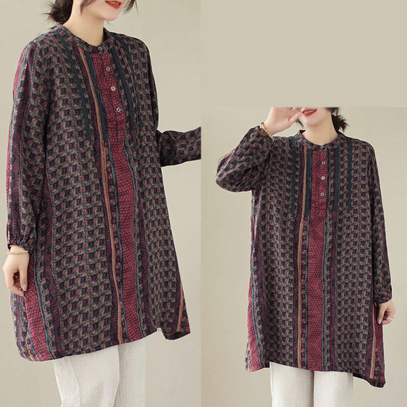Nimara Ritual Retro Printed Floral Women's Accordion Pleats Design Long Sleeve Shirt With Pockets