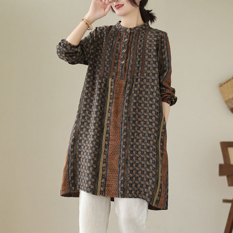 Nimara Ritual Retro Printed Floral Women's Accordion Pleats Design Long Sleeve Shirt With Pockets