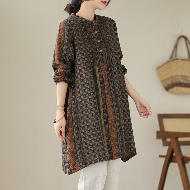 Nimara Ritual Retro Printed Floral Women's Accordion Pleats Design Long Sleeve Shirt With Pockets