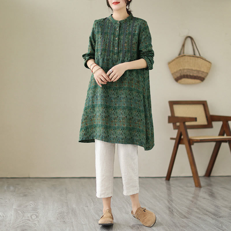 Nimara Ritual Retro Printed Floral Women's Accordion Pleats Design Long Sleeve Shirt With Pockets