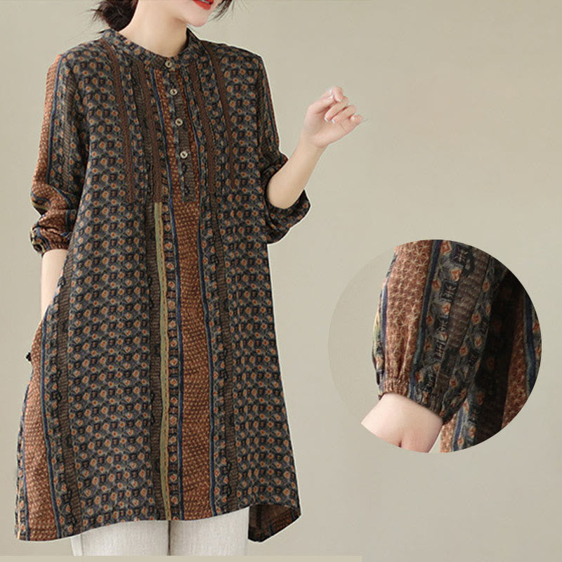 Nimara Ritual Retro Printed Floral Women's Accordion Pleats Design Long Sleeve Shirt With Pockets
