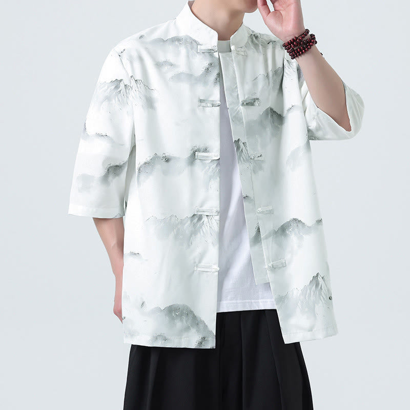 Nimara Ritual Printing Chinese Ink Landscape Pattern Men's Frog-button Half Sleeve Shirts