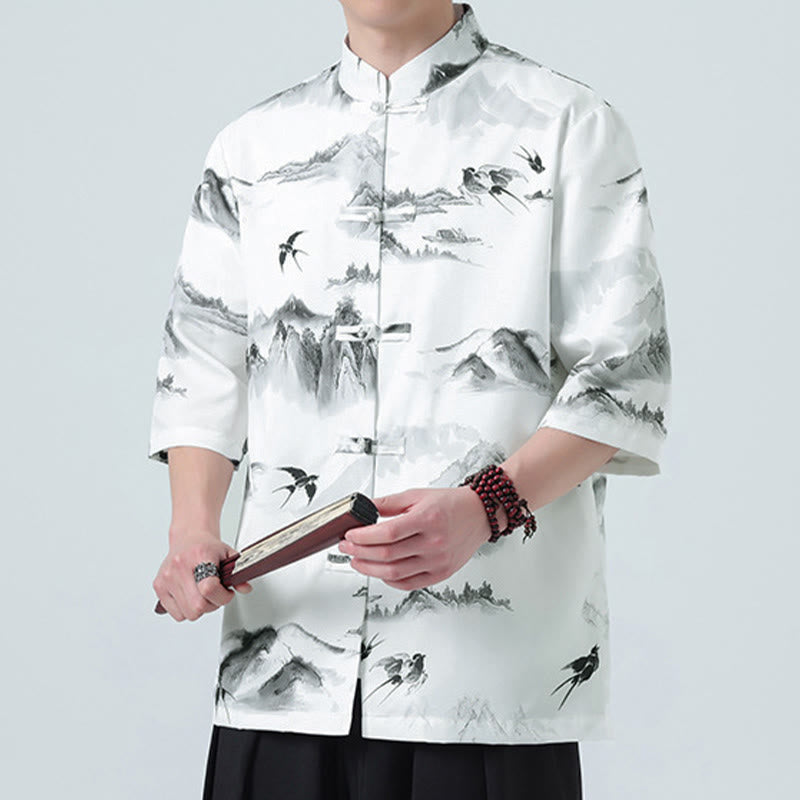 Nimara Ritual Printing Chinese Ink Landscape Pattern Men's Frog-button Half Sleeve Shirts