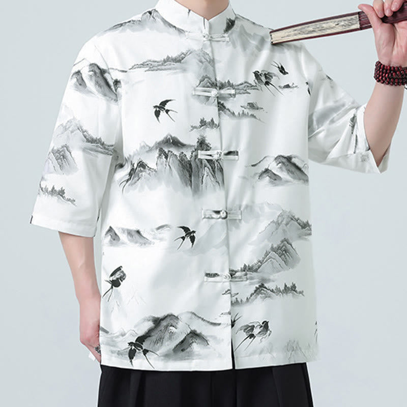 Nimara Ritual Printing Chinese Ink Landscape Pattern Men's Frog-button Half Sleeve Shirts