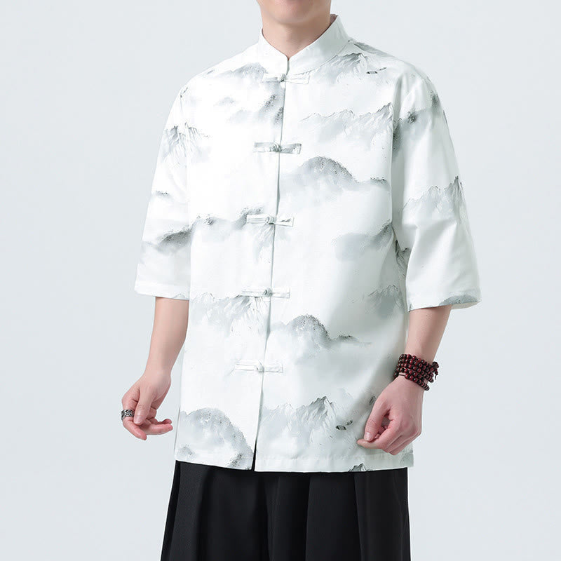 Nimara Ritual Printing Chinese Ink Landscape Pattern Men's Frog-button Half Sleeve Shirts