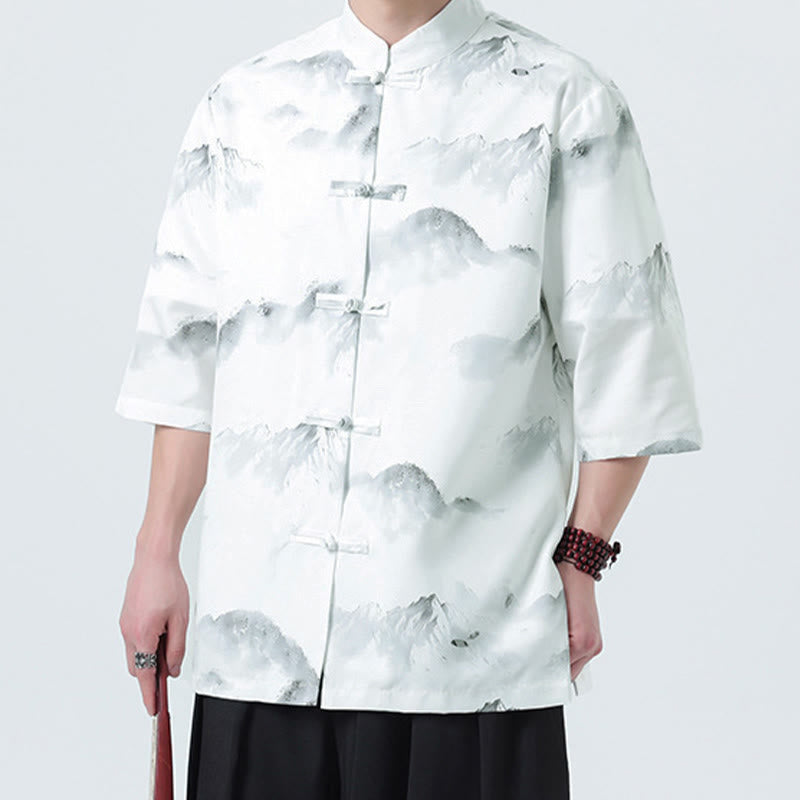 Nimara Ritual Printing Chinese Ink Landscape Pattern Men's Frog-button Half Sleeve Shirts