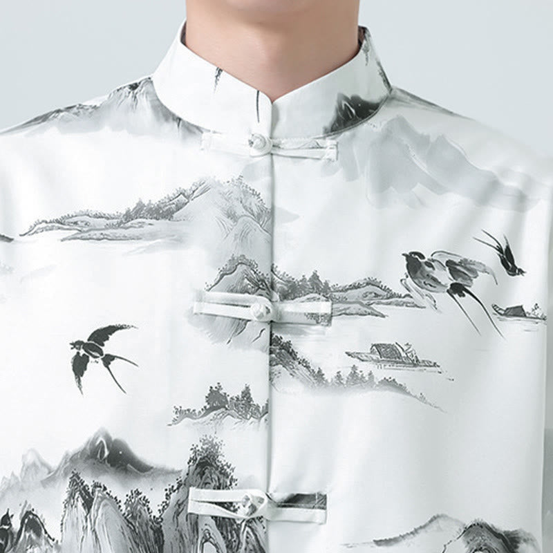 Nimara Ritual Printing Chinese Ink Landscape Pattern Men's Frog-button Half Sleeve Shirts