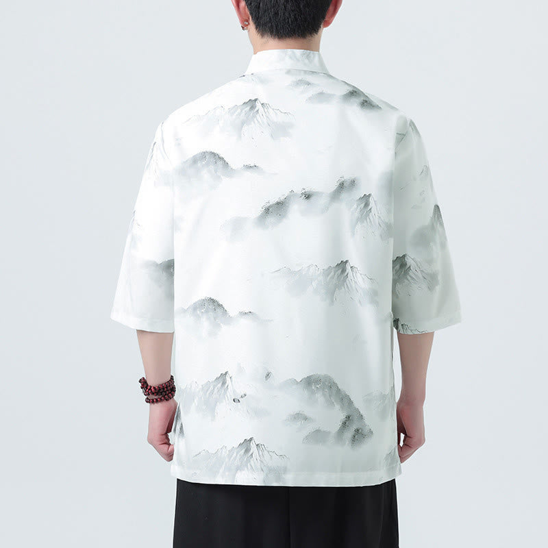 Nimara Ritual Printing Chinese Ink Landscape Pattern Men's Frog-button Half Sleeve Shirts