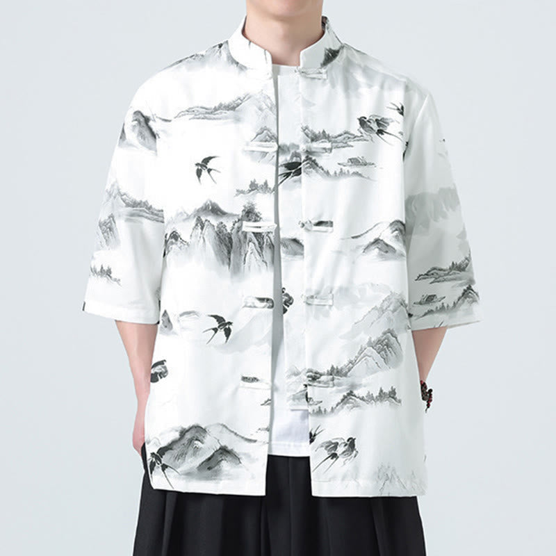 Nimara Ritual Printing Chinese Ink Landscape Pattern Men's Frog-button Half Sleeve Shirts