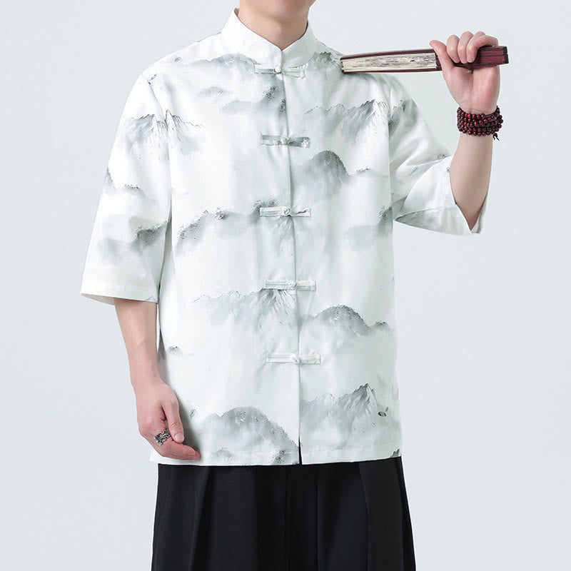 Nimara Ritual Printing Chinese Ink Landscape Pattern Men's Frog-button Half Sleeve Shirts