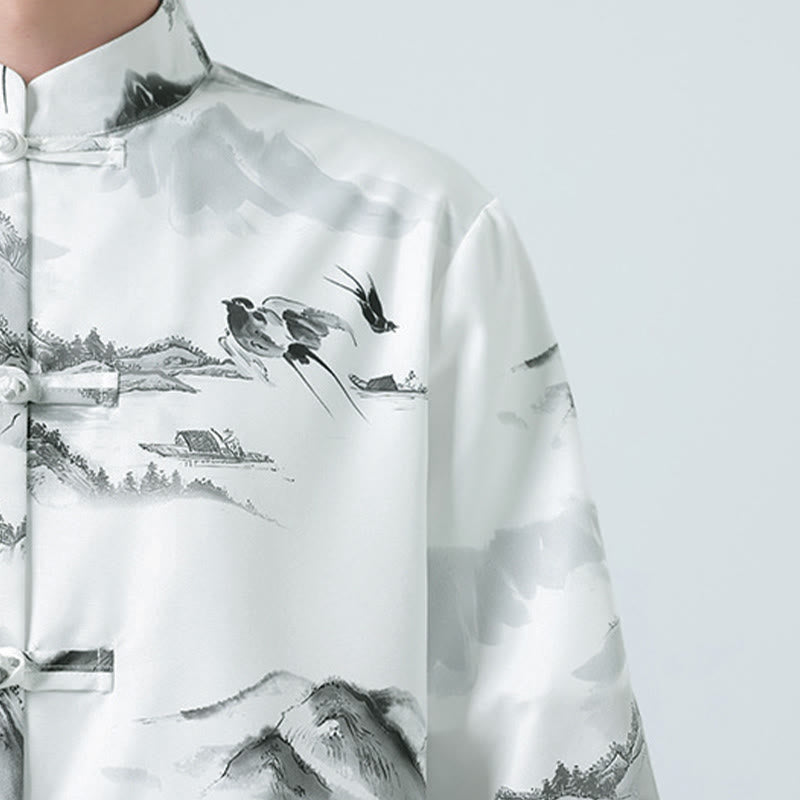 Nimara Ritual Printing Chinese Ink Landscape Pattern Men's Frog-button Half Sleeve Shirts