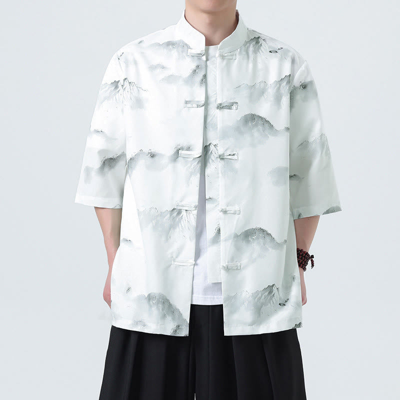 Nimara Ritual Printing Chinese Ink Landscape Pattern Men's Frog-button Half Sleeve Shirts
