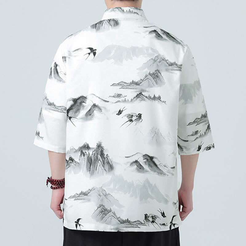 Nimara Ritual Printing Chinese Ink Landscape Pattern Men's Frog-button Half Sleeve Shirts