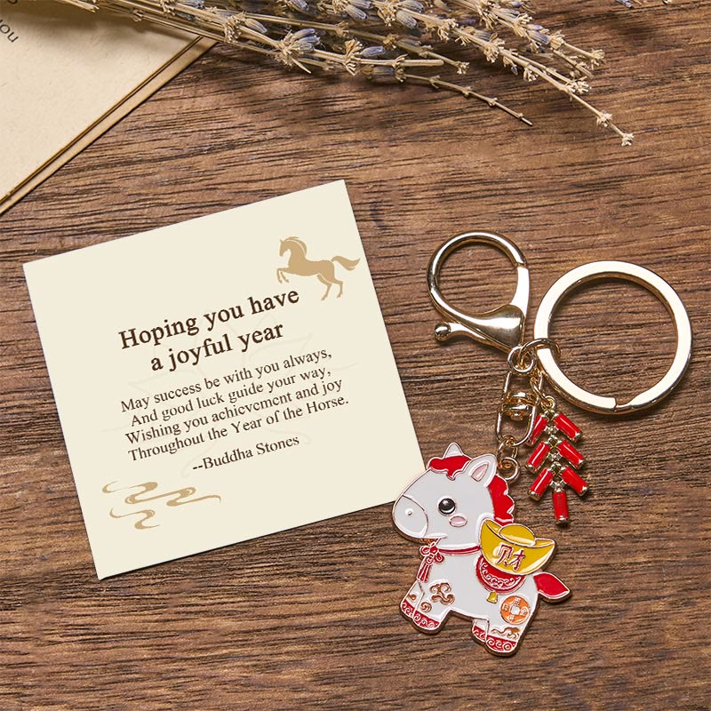 Nimara Ritual "Hoping You Have a Joyful Year" Year of the Horse Ingot Red Firecrackers Alloy Key Chain Includes Gift Message Card