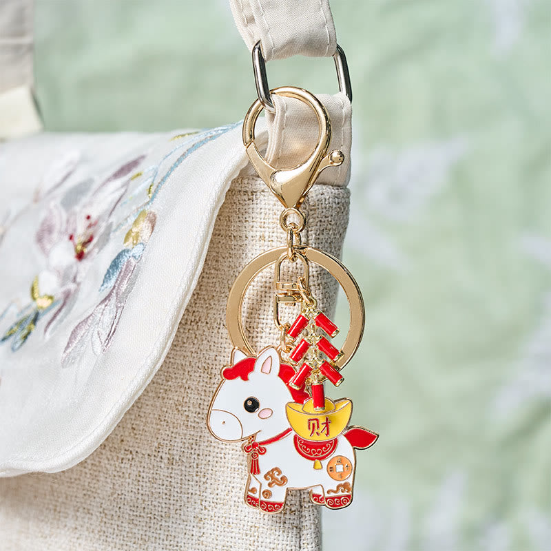 Nimara Ritual "Hoping You Have a Joyful Year" Year of the Horse Ingot Red Firecrackers Alloy Key Chain Includes Gift Message Card