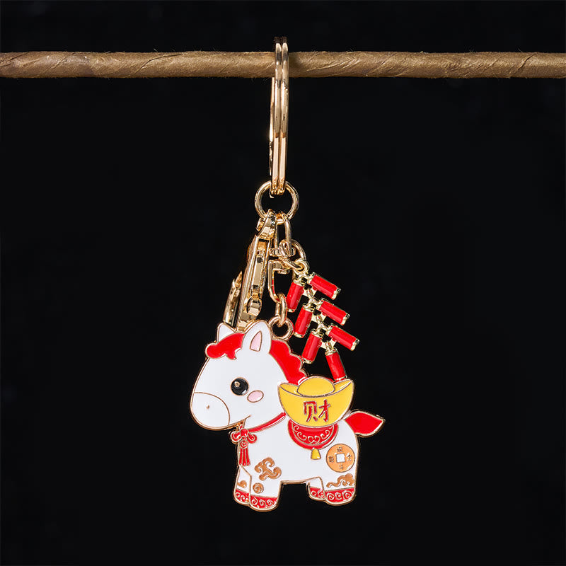 Nimara Ritual "Hoping You Have a Joyful Year" Year of the Horse Ingot Red Firecrackers Alloy Key Chain Includes Gift Message Card