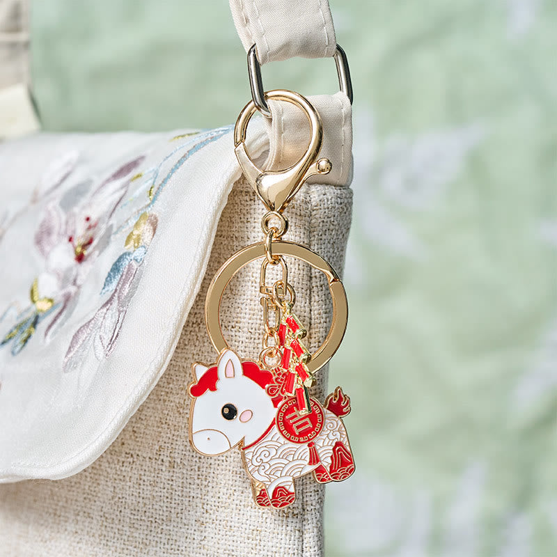 Nimara Ritual "Hoping You Have a Joyful Year" Year of the Horse Ingot Red Firecrackers Alloy Key Chain Includes Gift Message Card