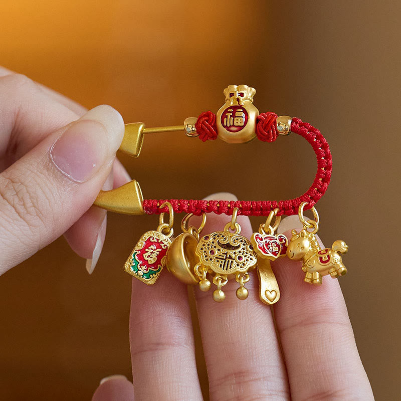 Nimara Ritual Year Of The Horse Charm Fu Character Attract Fortune Ruyi Handle Brass Luck Brooch
