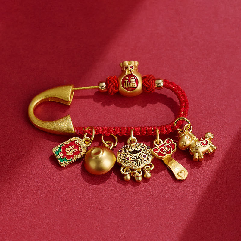 Nimara Ritual Year Of The Horse Charm Fu Character Attract Fortune Ruyi Handle Brass Luck Brooch