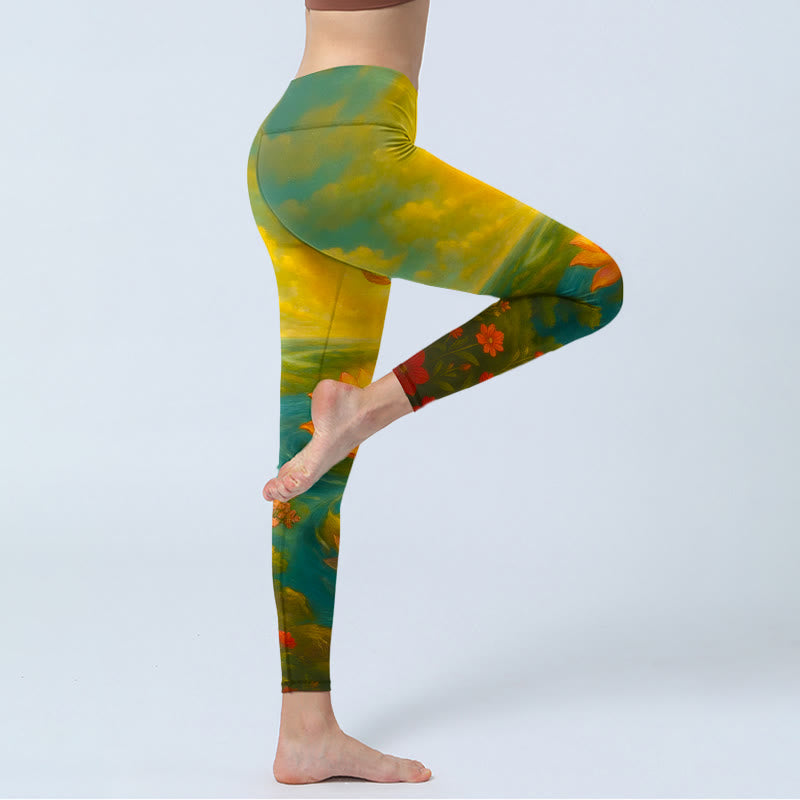 Nimara Ritual Symmetrical Om Symbol Lotus Flower Small Flower Tree Cloud Pattern Print Gym Leggings Women's Yoga Pants
