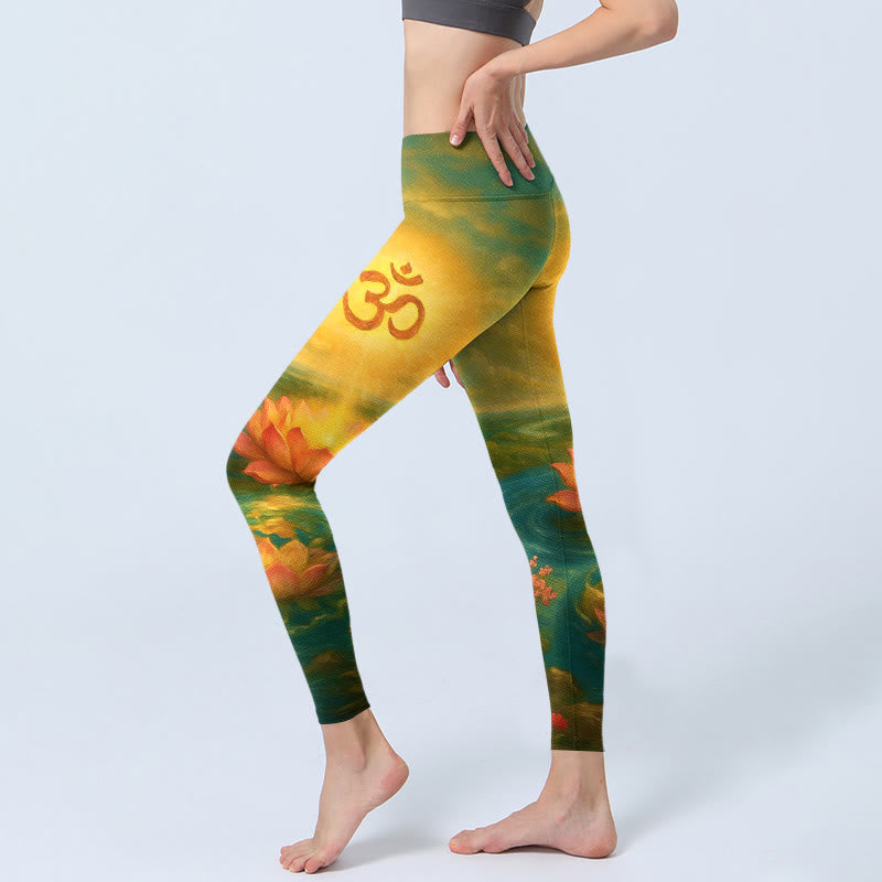 Nimara Ritual Symmetrical Om Symbol Lotus Flower Small Flower Tree Cloud Pattern Print Gym Leggings Women's Yoga Pants