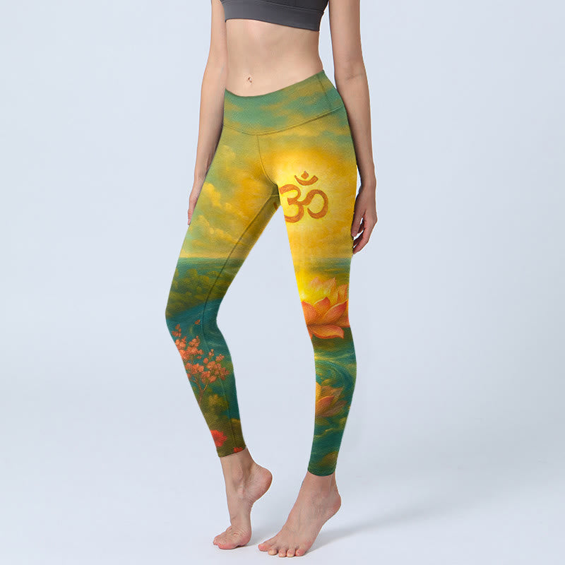 Nimara Ritual Symmetrical Om Symbol Lotus Flower Small Flower Tree Cloud Pattern Print Gym Leggings Women's Yoga Pants
