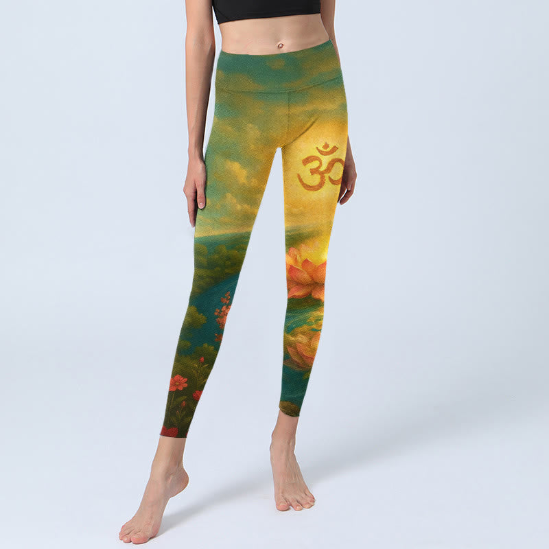 Nimara Ritual Symmetrical Om Symbol Lotus Flower Small Flower Tree Cloud Pattern Print Gym Leggings Women's Yoga Pants