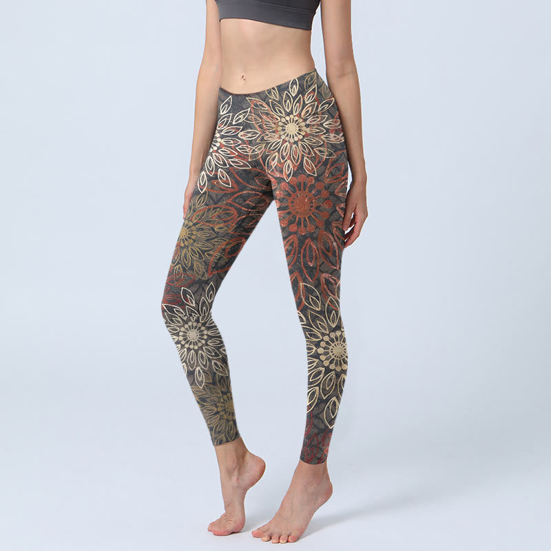 Nimara Ritual Symmetrical Retro Flower Pattern Print Gym Leggings Women's Yoga Pants