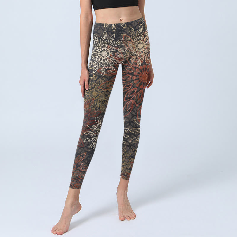 Nimara Ritual Symmetrical Retro Flower Pattern Print Gym Leggings Women's Yoga Pants