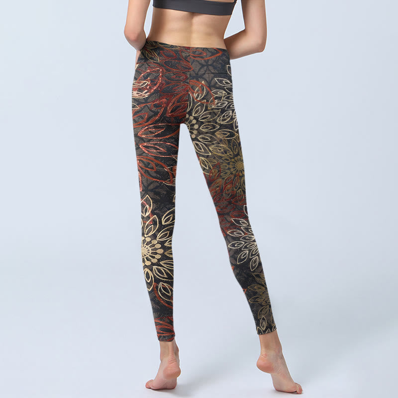 Nimara Ritual Symmetrical Retro Flower Pattern Print Gym Leggings Women's Yoga Pants