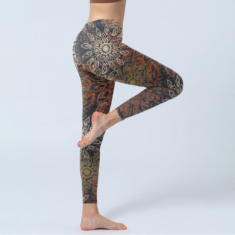 Nimara Ritual Symmetrical Retro Flower Pattern Print Gym Leggings Women's Yoga Pants
