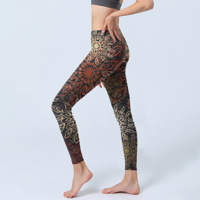 Nimara Ritual Symmetrical Retro Flower Pattern Print Gym Leggings Women's Yoga Pants