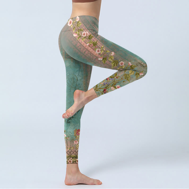 Nimara Ritual Symmetrical Retro Flower Leaf Vine Fence Pattern Print Gym Leggings Women's Yoga Pants