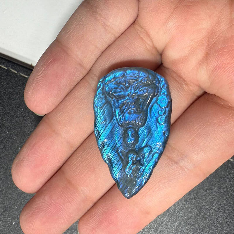 Nimara Ritual Engraving Buddha Natural Labradorite Teardrop Shape Figurine Cure Statue Home Decoration