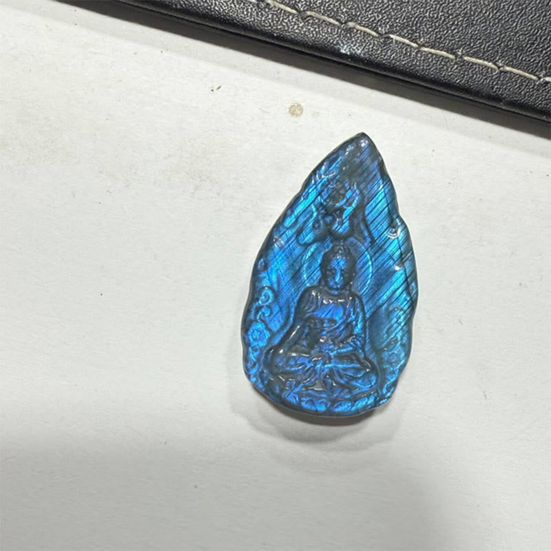 Nimara Ritual Engraving Buddha Natural Labradorite Teardrop Shape Figurine Cure Statue Home Decoration