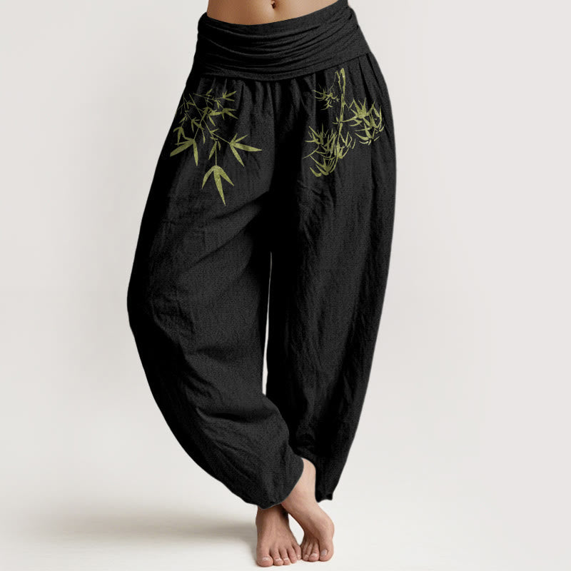 Nimara Ritual Pure Cotton Minimalist Style Bamboo Leaf Pattern Women's Elastic Waist Harem Pants