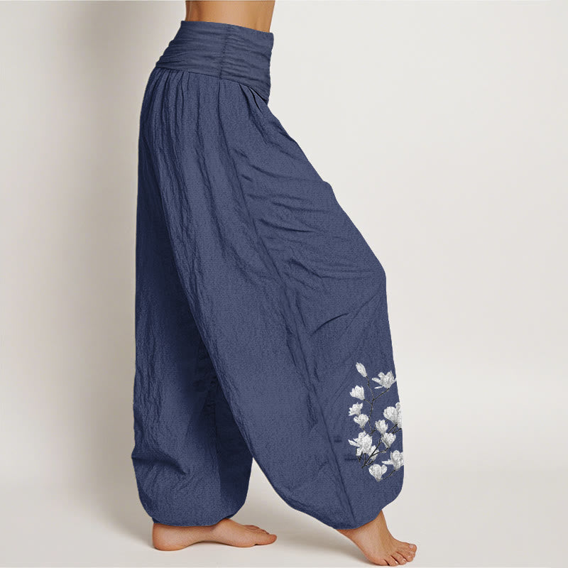 Nimara Ritual Pure Cotton Minimalist Style Magnolia Flower Pattern Women's Elastic Waist Harem Pants