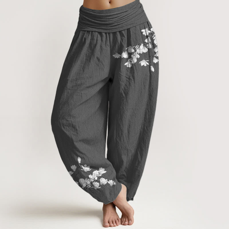 Nimara Ritual Pure Cotton Minimalist Style Magnolia Flower Pattern Women's Elastic Waist Harem Pants