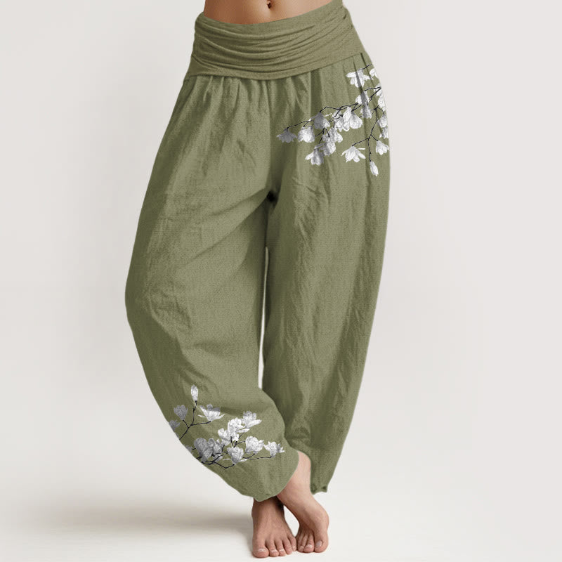 Nimara Ritual Pure Cotton Minimalist Style Magnolia Flower Pattern Women's Elastic Waist Harem Pants