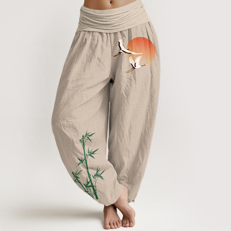 Nimara Ritual Pure Cotton Elegant Sun Crane Bamboo Pattern Women's Elastic Waist Harem Pants